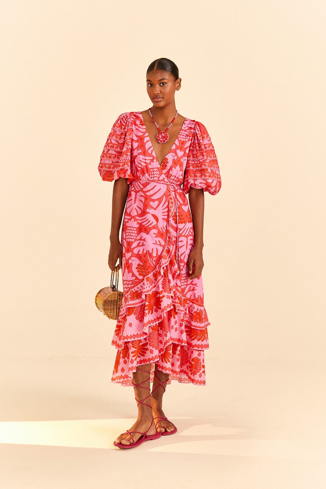 Farm Rio Red Jungle Scarf Wrap Midi Dress Coral Cove